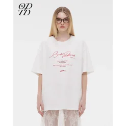 ODTD Embroidery Handwritten Slogan Logo Loose T-Shirt White