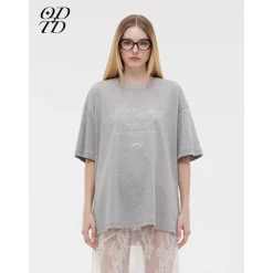 ODTD Embroidery Handwritten Slogan Logo Loose T-Shirt Grey