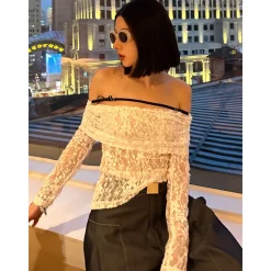 ODTD Off-Shoulder Cutout Lace Top White
