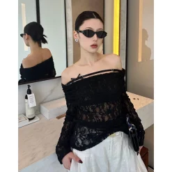 ODTD Off-Shoulder Cutout Lace Top Black