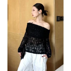 ODTD Off-Shoulder Cutout Lace Top Black