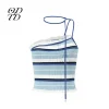 ODTD Off-Shoulder Halterneck Striped Knitted Vest Blue