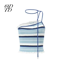 ODTD Off-Shoulder Halterneck Striped Knitted Vest Blue
