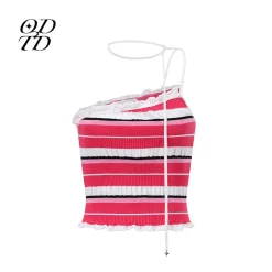ODTD Off-Shoulder Halterneck Striped Knitted Vest Pink