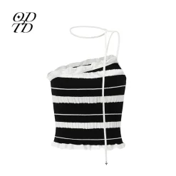 ODTD Off-Shoulder Halterneck Striped Knitted Vest Black