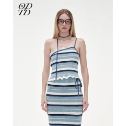 ODTD Off-Shoulder Halterneck Striped Knitted Vest Blue