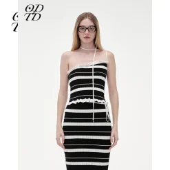 ODTD Off-Shoulder Halterneck Striped Knitted Vest Black