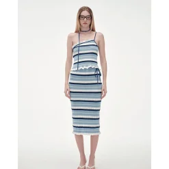 ODTD Off-Shoulder Halterneck Striped Knitted Vest Blue
