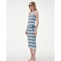 ODTD Off-Shoulder Halterneck Striped Knitted Vest Blue
