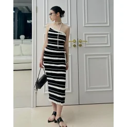 ODTD Off-Shoulder Halterneck Striped Knitted Vest Black