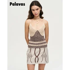 Palavas Color Blocked Crochet Vest Top Brown