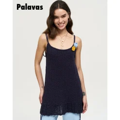 Palavas 3D Floral Knit Camisole Top Navy Blue