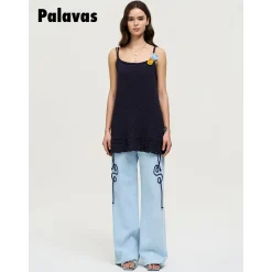 Palavas 3D Floral Knit Camisole Top Navy Blue