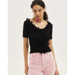 Palavas Lace Edge Short Sleeve Top Black