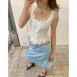 Palavas Lace Edge Slim Vest Top White