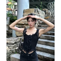 Palavas Lace Edge Slim Vest Top Black