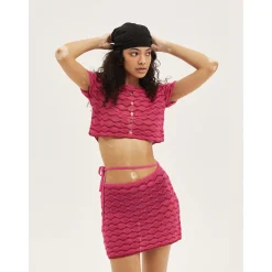 Palavas Mesh Hollow Knit Short Sleeve Top Pink