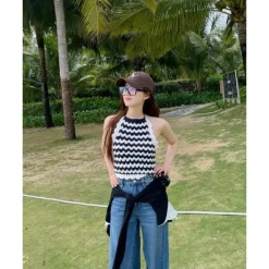 Rocha Roma Hand Crochet Striped Knit Top
