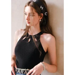 Rocha Roma Hollow Out Knit Vest Top Black