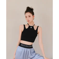Rocha Roma Rhinestone Star Slip Vest Top Black