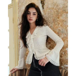 Rocha Roma Ruffles Knit Top White