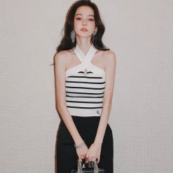 Rocha Roma Striped Halter Neck Vest White