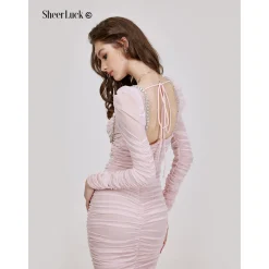 Sheer Luck Marisa Rhinestone Mesh Dress Pink
