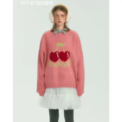 SomeSowe Cherry Jacquard Silhouette Knit Sweater Pink