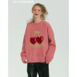 SomeSowe Cherry Jacquard Silhouette Knit Sweater Pink