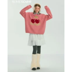 SomeSowe Cherry Jacquard Silhouette Knit Sweater Pink