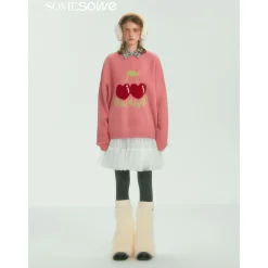 SomeSowe Cherry Jacquard Silhouette Knit Sweater Pink