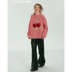 SomeSowe Cherry Jacquard Silhouette Knit Sweater Pink