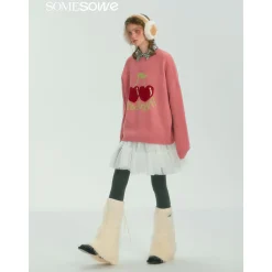SomeSowe Cherry Jacquard Silhouette Knit Sweater Pink
