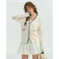 SomeSowe Color Blocked Lace Edge Knit Cardigan White