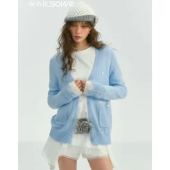 SomeSowe Color Blocked Lace Edge Knit Cardigan Blue