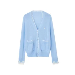 SomeSowe Color Blocked Lace Edge Knit Cardigan Blue