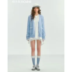 SomeSowe Color Blocked Lace Edge Knit Cardigan Blue