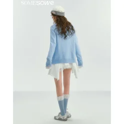 SomeSowe Color Blocked Lace Edge Knit Cardigan Blue
