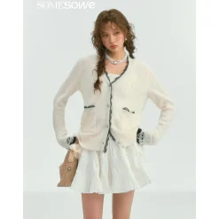 SomeSowe Color Blocked Lace Edge Knit Cardigan White