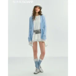 SomeSowe Color Blocked Lace Edge Knit Cardigan Blue