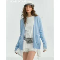 SomeSowe Color Blocked Lace Edge Knit Cardigan Blue