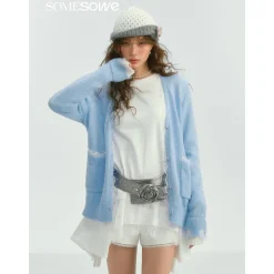 SomeSowe Color Blocked Lace Edge Knit Cardigan Blue