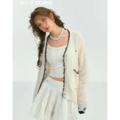SomeSowe Color Blocked Lace Edge Knit Cardigan White
