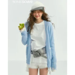 SomeSowe Color Blocked Lace Edge Knit Cardigan Blue