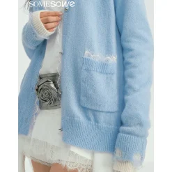 SomeSowe Color Blocked Lace Edge Knit Cardigan Blue