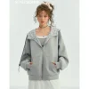 SomeSowe Contrast Color Drawstring Zip Up Hoodie Light Gray