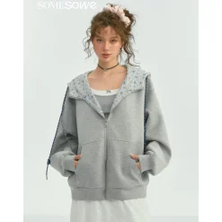 SomeSowe Contrast Color Drawstring Zip Up Hoodie Light Gray