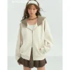 SomeSowe Contrast Color Drawstring Zip Up Hoodie Beige