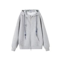 SomeSowe Contrast Color Drawstring Zip Up Hoodie Light Gray