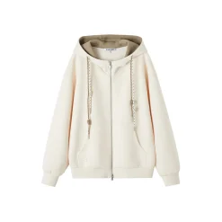 SomeSowe Contrast Color Drawstring Zip Up Hoodie Beige